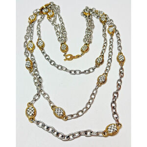 34" Monet 3 Strand Two Tone Station Necklace Rhinestone Ovals Gold Silver Heavy